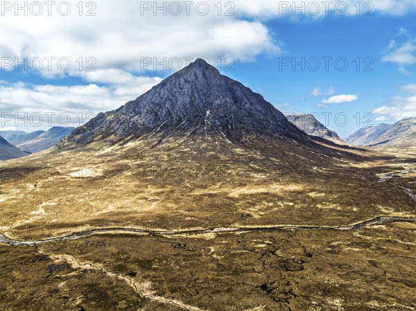 The Buachaille Mountain and Moors over Glen Etive Valley from a drone, Buachaille Etive Mòr, The Buachaille, Highlands, Scotland, United Kingdom