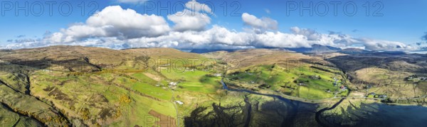 Panorama of Farms and Moors over Loch Harport from a drone, Drynoch, Isle of Skye, Highlands, Scotland, United Kingdom