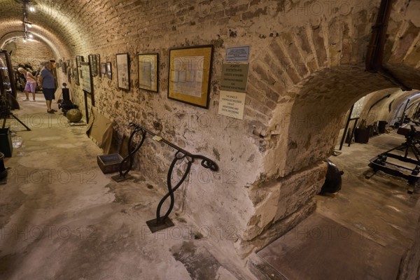 Historical tunnel room with exhibited documents and exhibits, War Museum, Military Museum, Tunnel Museum, Lakki, Leros, WW2, Dodecanese, Greek Islands, Greece