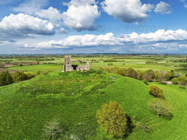 Burrow Mump from a drone, Southlake Moor, Burrowbridge, Taunton, Somerset, England, United Kingdom