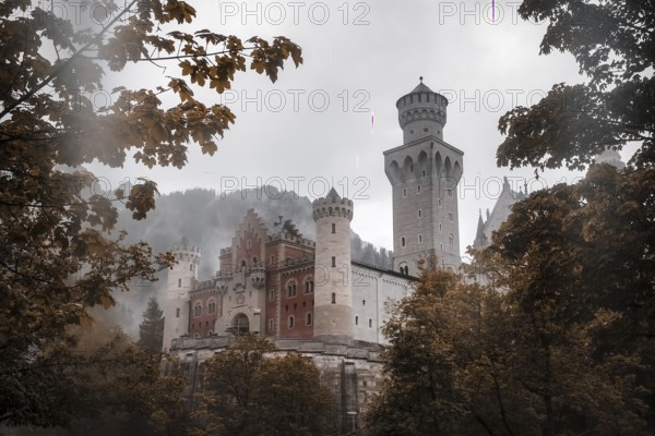 The romantic Neuschwanstein Castle framed by autumn leaves in the mist, Schwangau, Bavaria
