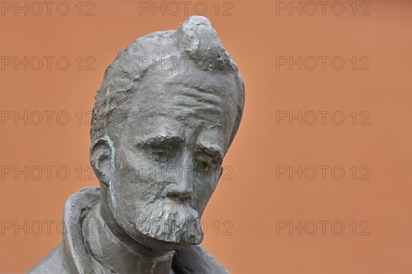 Monument to philosopher Friedrich Nietzsche, bronze sculpture, modern art, man with beard, head, detail, Holzmarkt, Saale, Naumburg, Saxony-Anhalt, Germany