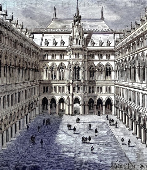 The old town hall of Vienna, Austria, the inner courtyard with arcades, illustration from 1894, reproduction, digitally enhanced, historical