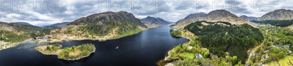 Panorama of Loch Shiel from a drone, Glenfinnan, River Finnan, West Highland, Scotland, United Kingdom