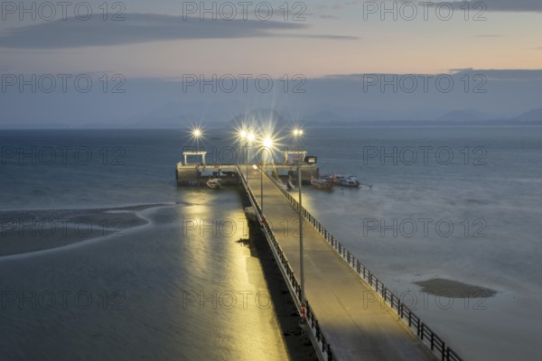 Illuminated jetty at night, harbour at Sivalai Beach, Koh Mook Island, Satun Province, Southern Thailand, Thailand