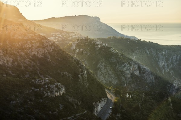 Coastal landscape, sunrise, Roquebrune, Roquebrune-Cap-Martin, near Monaco, Cote d'Azur, Alpes-Maritimes, Provence-Alpes-Cote-d'Azur, South of France, France
