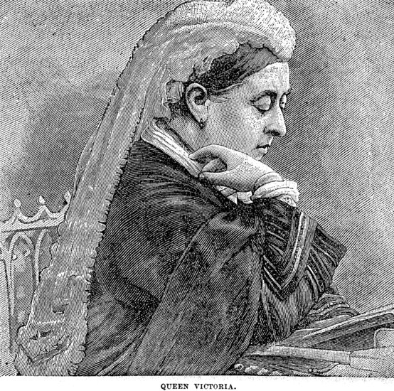 Queen Victoria sitting at the lectern reading a book, quiet moment, pause, distraction, lost in thought, veil, wide cloak, Victorian era, England, historical illustration 1889