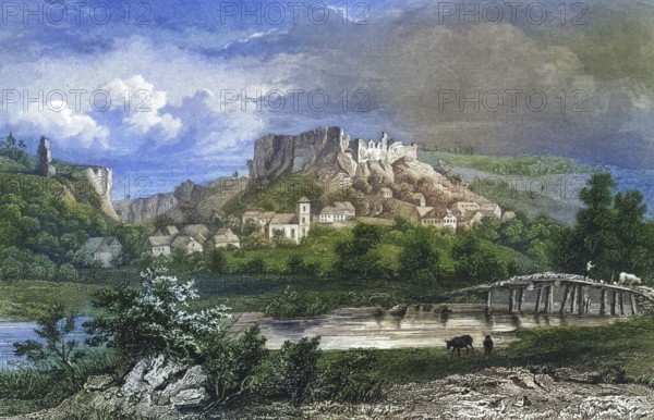 Streitberg Castle and town, climatic health resort, Franconian Switzerland, around 1850, district of Forchheim, Upper Franconia, Bavaria, Germany, digitally enhanced reproduction from a 19th century original, coloured, historical, exact date unknown