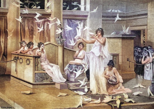 The Doves of the Temple of Venus, coloured wood engraving, reproduction of a model from ca 1888, historical, woman in an ancient temple release white doves into the sky