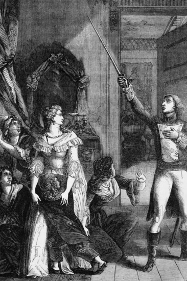 At dawn on 5 October 1789, the day of the Women's March on Versailles, a crowd invaded the palace. Marie Antoinette fled to the king's apartments, where the Marquis de Lafayette, a general in the American War of Independence and leader of the Garde Nationale during the French Revolution, saved her life, digital reproduction of a historical model