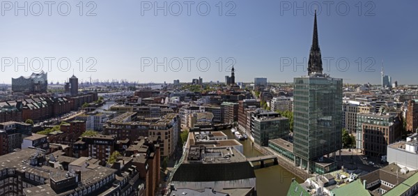 City view from above with the Elbphilharmonie and the St. Nikolai memorial, Hamburg, Germany