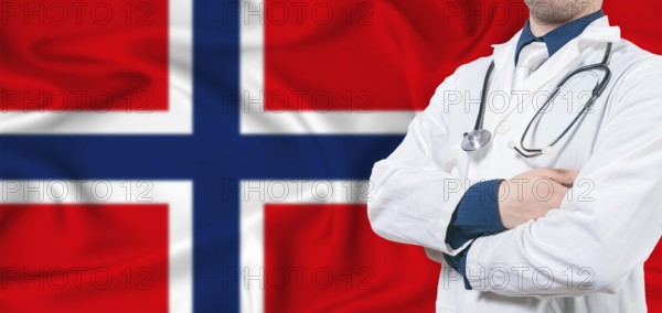 Norway healthcare concept. Male doctor on Norway flag. Doctor with crossed arms on Norway flag