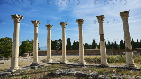 Arrangement of ancient columns against a natural backdrop and blue sky, Temple of Apollo, Corinthian Columns, Asklipion, Asklepieion, Healing Temple, Temple, Hippocrates, Kos, Dodecanese, Greek Islands, Greece