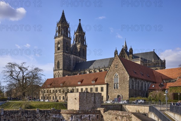 Magdeburg Cathedral, Gothic architecture, bastion Cleve, defence defence tower Cleve, bare winter trees, blue sky, cumulus clouds, at the cathedral, cathedral square, Magdeburg, state capital, independent city, Saxony-Anhalt, Germany