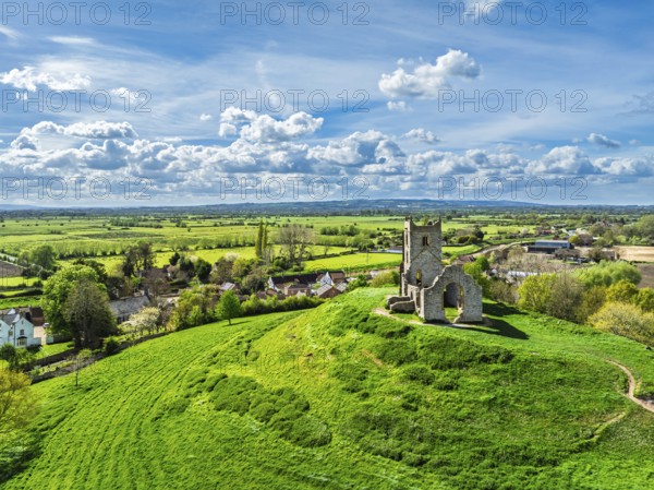 Burrow Mump from a drone, Southlake Moor, Burrowbridge, Taunton, Somerset, England, United Kingdom