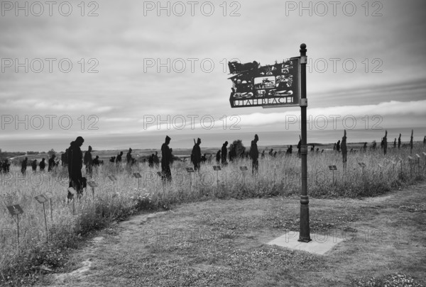 Installation, sign Utah Beach, Standing with Giants, honours the victims of the fallen British soldiers by personification, British Normandy Memorial, war memorial, black and white, Ver-sur-Mer, D-Day, Operation Overlord, Gold Beach, Normandy, Calvados, France