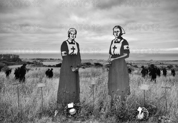 Nurse Mollie Evershed and Dorothy Field, installation, Standing with Giants, honours the sacrifice of fallen British soldiers through personification, British Normandy Memorial, war memorial, black and white, Ver-sur-Mer, D-Day, Operation Overlord, Gold Beach, Normandy, Calvados, France