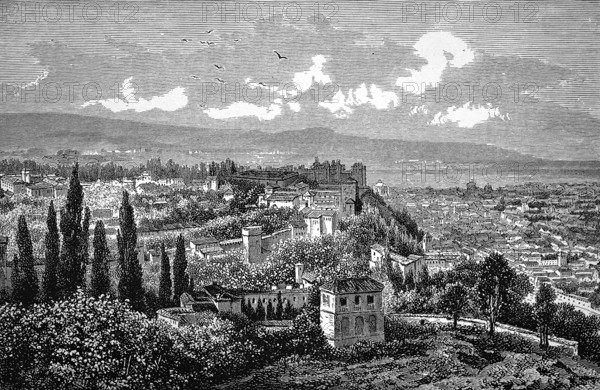 Alhambra of Granada, gardens and parks, mountains, Spain, historical illustration 1896