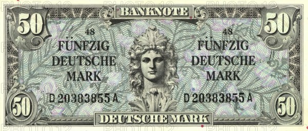 Banknote, banknote, 50 Deutsche Mark, front side, series 1, issue 2, Germany, reproduction of a historical banknote