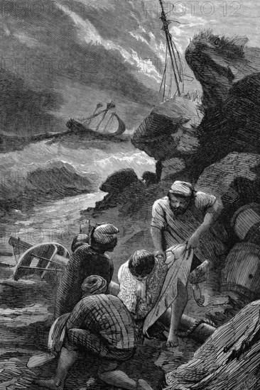 Beachcombers plunder the body of Sir Cloudesley Shovell (1650 to 1707), whose famous career as commander-in-chief of the British fleet during the War of the Spanish Succession ended in a disastrous shipwreck off the Isles of Scilly, England, digital reproduction of a historical model