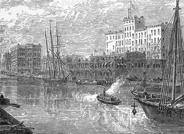The Chicago River from the Madison Street Bridge, Chicago, Illinois, around 1870, America, digital reproduction of a historical original