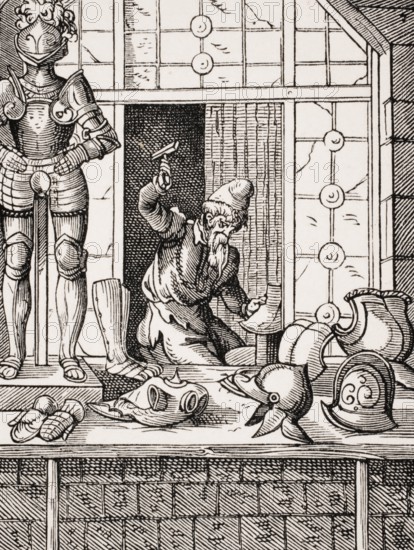 Armourer. Reproduction of a woodcut from the 16th century by Jost Amman from the 19th century, digital reproduction of a historical model