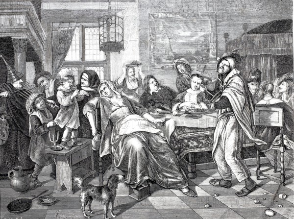 The Bean Festival, Catholic festival on Epiphany. A bean is hidden in a cake, whoever finds it becomes the bean king and has to organise the festival the following year, around 1870, Holland, Historical, digitally enhanced reproduction of a 19th century model