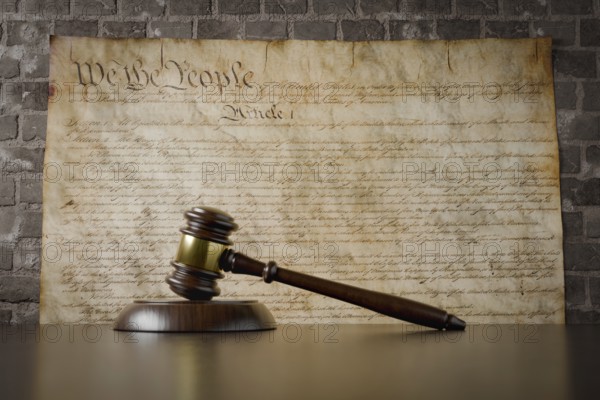 United states constitution on wall with gavel resting on table in front