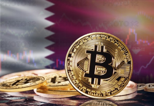 Bitcoin with Qatar flag in the background. Investors in cryptocurrency and Blockchain Technology in Qatar, Concept