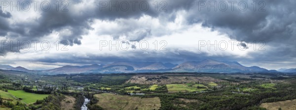 Panorama of Nevis Range Mountains from a drone, Grampian Mountains, Highland, Lochaber, Scotland, United Kingdom