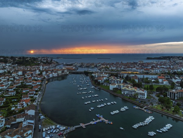 Sunset over Saint-Jean-de-Luz from a drone, Nouvelle-Aquitaine, Pyrenees-Atlantiques, France