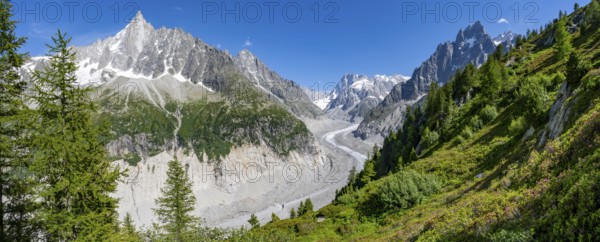 Picturesque mountain landscape with imposing mountain peaks and glaciers, Grand Balcon Nord, Mer de Glace glacier tongue, Grandes Jorasses at the back, Mont Blanc massif, Montenvers, Chamonix, Haute-Savoie, France