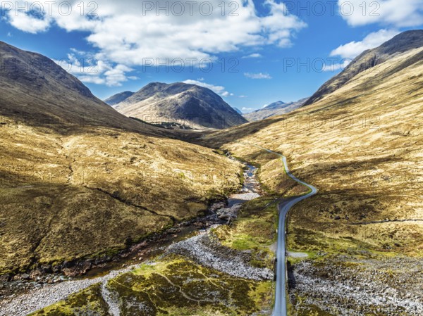 Mountains and Moors over Glen Etive Valley from a drone, Buachaille Etive Mòr, The Buachaille, Highlands, Scotland, United Kingdom