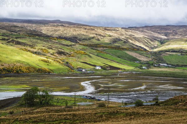 Farms over Loch Harport, Drynoch, Isle of Skye, Scotland, UK