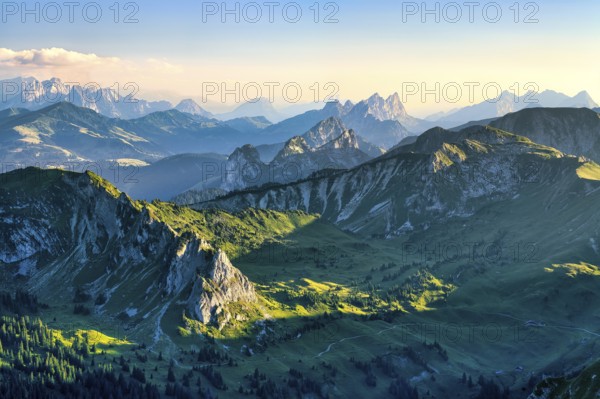 View from Mount Gantrisch, sunset over the Bernese and Fribourg Pre-Alps, Canton of Bern, Switzerland