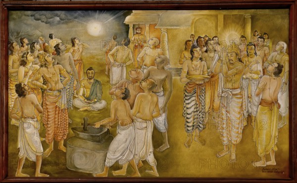 Temple of the sacred Tooth Relic or Sri Dalada Maligawa, Painted panel depicting the history of the Sacred Tooth Relic, New Shrine room or Alut Maligawa ceiling, Kandy, Sri Lanka