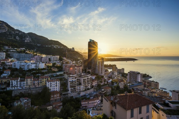 Panorama, Skyline with skyscrapers by the sea, Sunrise, Monte Carlo, Cote d'Azur, Monaco