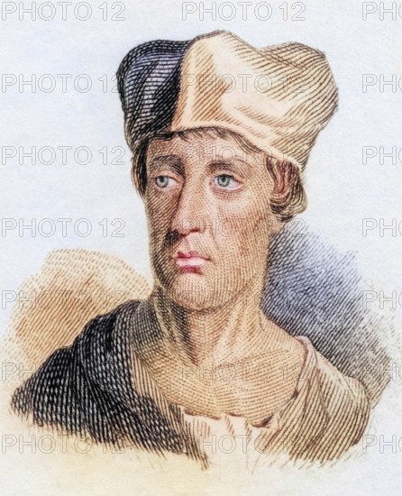 John Leland, Johannes Lelandus, Leyland (born 13 September, c. 1503, in London, died 18 April 1552) was an English antiquarian and historian and librarian to King Henry VIII, from the book Crabbe's Historical Dictionary, 1825, Historical, coloured, digitally restored reproduction from a 19th century original, Record date not stated