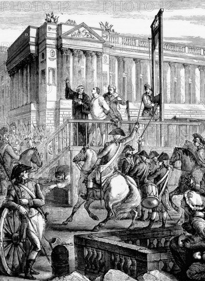 The public execution of Louis XVI by guillotine on 21 January 1793 on the Square of the Revolution, formerly Place Louis XV, renamed Place De La Concorde in 1795, in Paris, France, digital reproduction of a historical model
