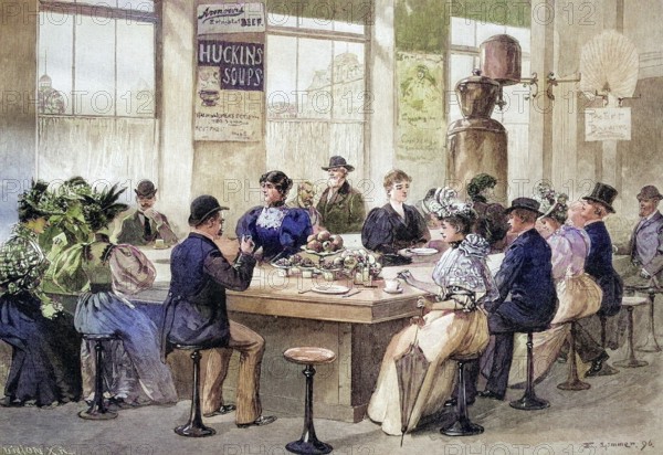 Lunchroom in Chicago, America, coloured wood engraving, reproduction of an original from ca 1888, historical, people in elegant clothes sitting at a round table in a café