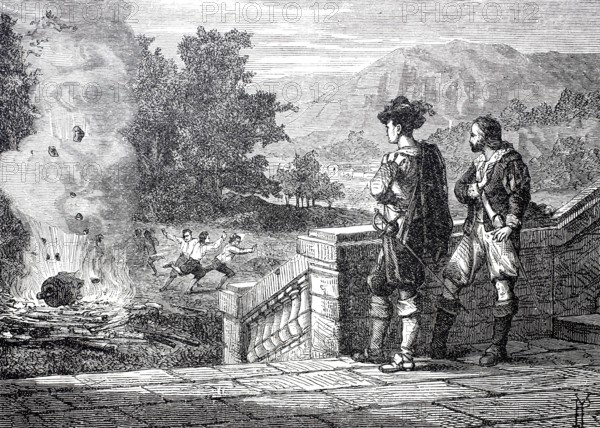 Experiment by the Marquis of Worcester, which is said to be the invention of the steam engine, c. 1660, Historical, digitally enhanced reproduction of a 19th century model