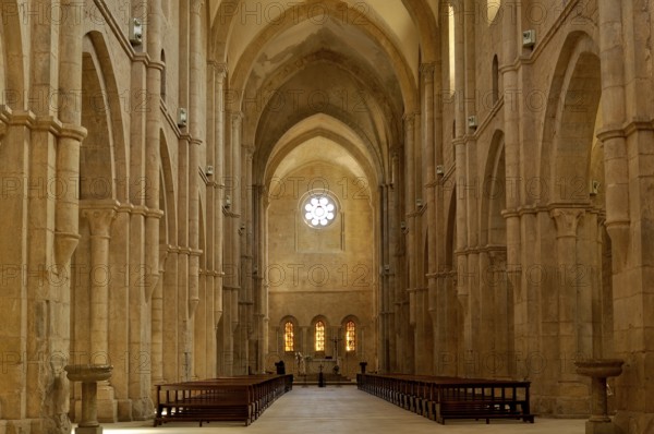 Nave, choir with altar, interior, Gothic basilica of the Cistercian abbey of Fossanova Monastery, Cistercian, Burgundian architectural style, Priverno, Province of Latina, Lazio, Italy