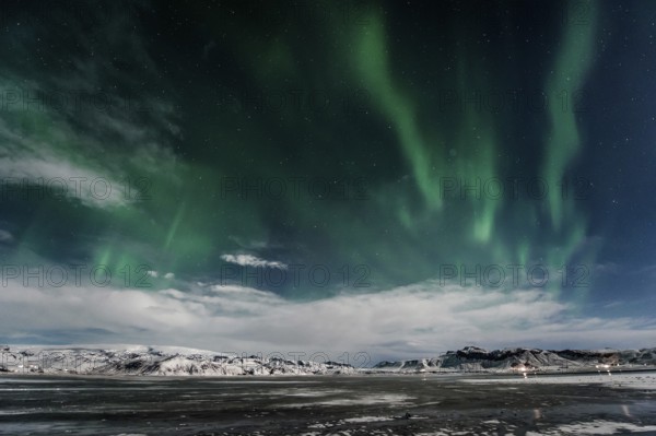 Northern Lights, Close to Vik, Ring Road, Mountains, Frost, Winter, Cold, Snow, Night, Iceland* Northern Lights, Close to Vik, Ring Road, Mountain Range, Cold, Snow, Night, Iceland