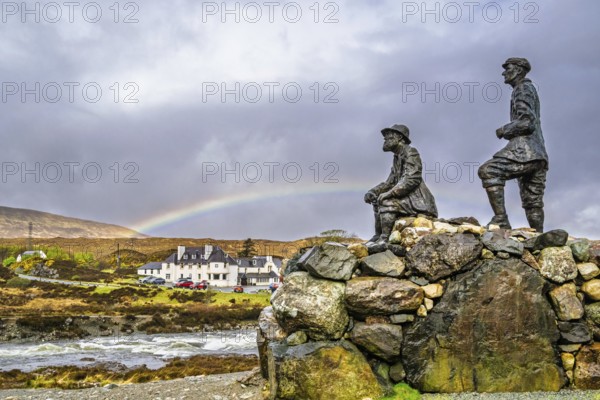 Rainbow over Collie and MacKenzie Statue, Sligachan Old Bridge, Isle of Skye, Scotland, UK