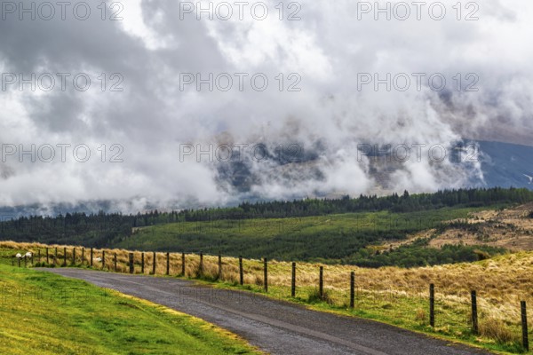 Nevis Range Mountains from Commando Memorial, Grampian Mountains, Fort William, Highland, Lochaber, Scotland, UK