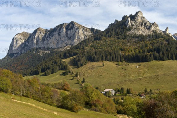 Montagne des Mémises mountain range and Mont César peak, Bernex, limestone peak in the French Chablais, Savoy Alps, Haute Savoie, France