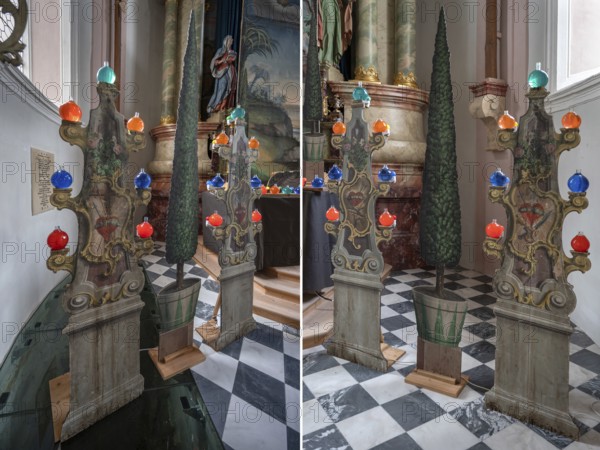 On contour-cut and painted boards with religious motifs in front of the altar during Lent, preparation for the Holy Sepulchre, Church of St Peter and Pau, Telfs, Bezrk, Innsbruck, Austria