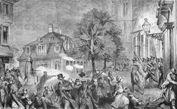 Storming of the Konstabler Wache in Frankfurt am Main, soldiers shooting with rifles, horror among the population, flight, chaos, fountain, building, church, trees, reussen, historical illustration 1884
