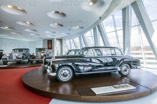 Mercedes-Benz 300 from 1959, the last official vehicle of Federal Chancellor Konrad Adenauer. The Mercedes-Benz Museum in Stuttgart presents a journey through the automotive history of the global corporation. Collection 4, Gallery of Names. The history of the Mercedes star begins with the first automobile in 1886. 160 vehicles are on display. Stuttgart, Baden-Württemberg, Germany