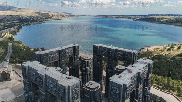 Aerial view of the Chronicle of Georgia with the Tbilisi Sea in the background